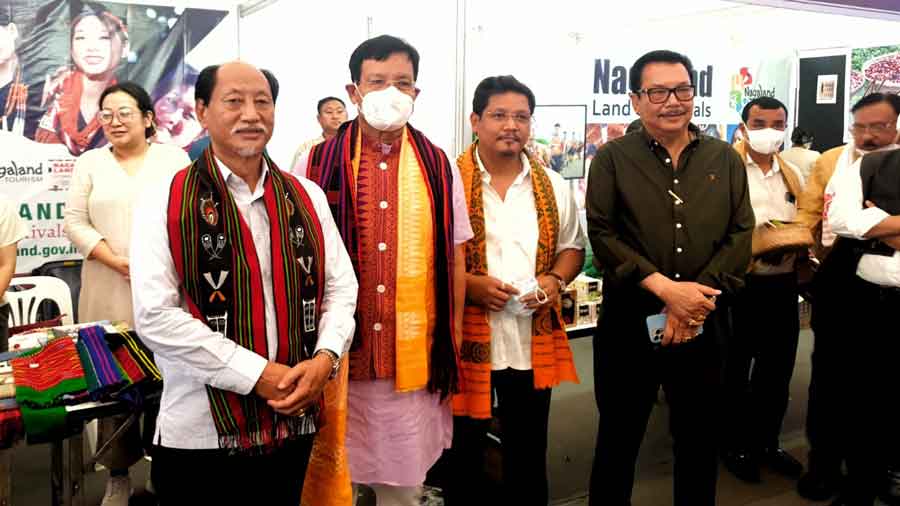 Nagaland chief minister Neiphiu Rio(extreme left) Meghalaya CM Conrad Sangma(third from left) and Arunachal Pradesh deputy CM Chowna Mein(fourth) at the North East India Festival in Bangkok.