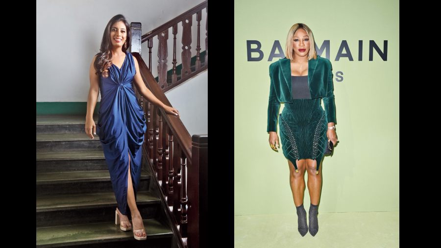 Serena Williams is all about power dressing and making a statement. This cocktail dress fits the bill. While Serena likes to play around with her hair, including the fail-safe open blow-dried hair, she loves highlighting her eyes. Shivika has coats of mascara to enhance her eyes. 