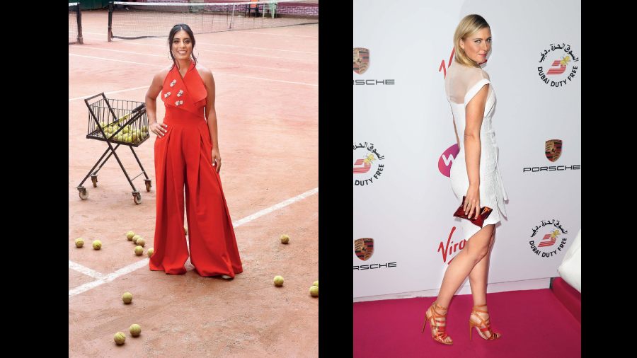 This red jumpsuit captures Maria Sharapova’s cool and chic style. A loose pony and glossy lips are very Maria too!