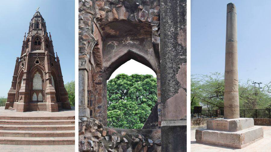 The Mutiny Memorial, a ‘jharokha’ in the ruins of Pir Ghaib and the Ashokan Pillar at Delhi’s Northern Ridge