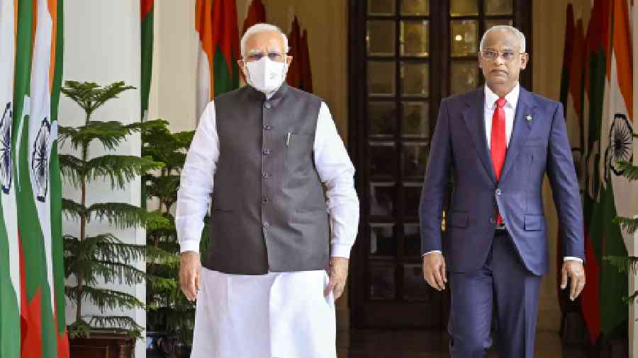 Prime Minister Narendra Modi meets President of Maldives Ibrahim Mohamed Solih, at Hyderabad House in New Delhi on Tuesday.