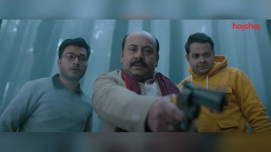 A still from ‘The Eken’ (2022) starring Anirban Chakrabarti, Somak Ghosh and Suhotra Mukhopadhyay 