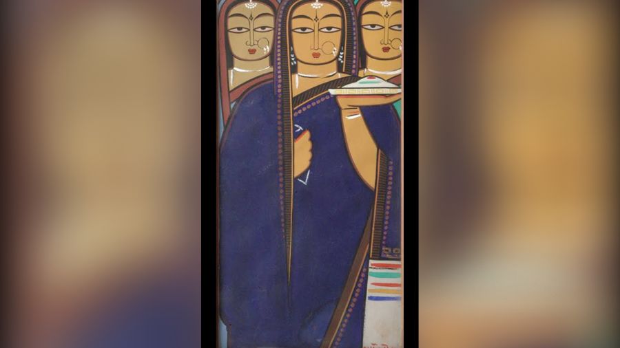 'Three Pujarins' by Jamini Roy