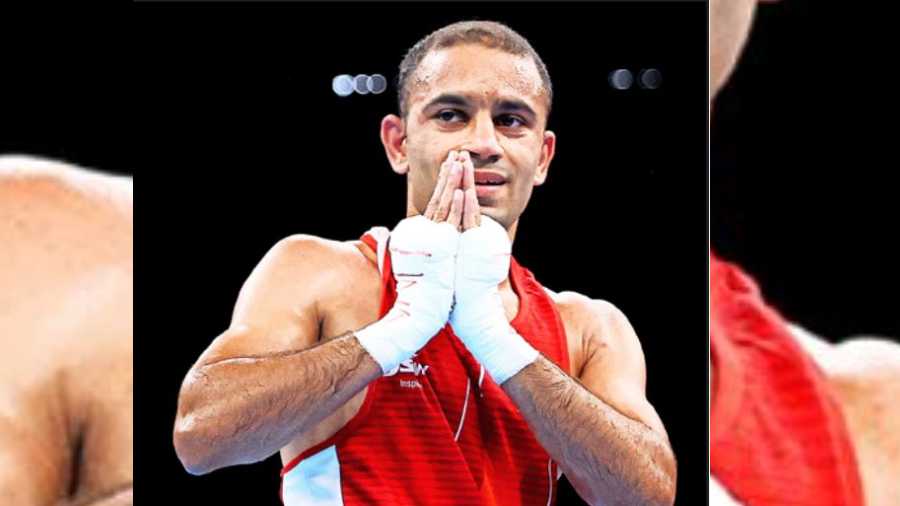 Amit Panghal after winning his quarter-final bout on Thursday