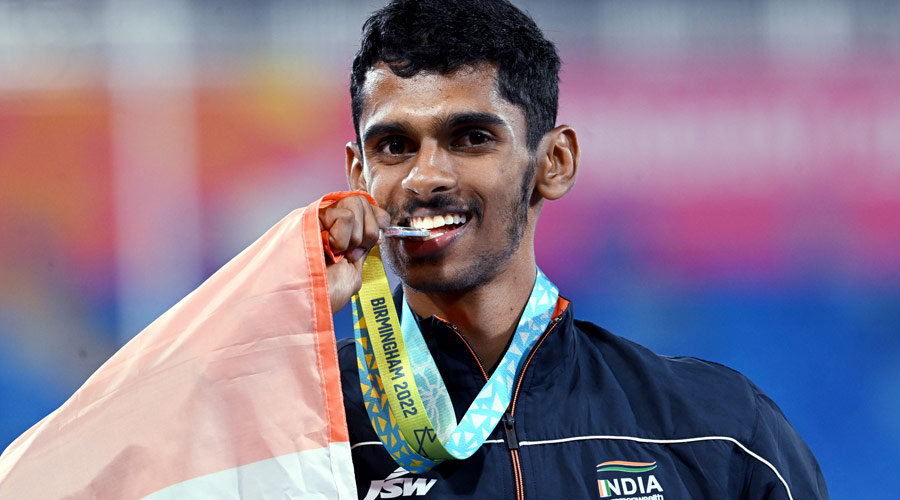 India's Murali Sreeshankar holds the silver medal after the Men's Long Jump final during the athletics medal ceremony at the Commonwealth Games, in the Alexander Stadium, in Birmingham, UK.