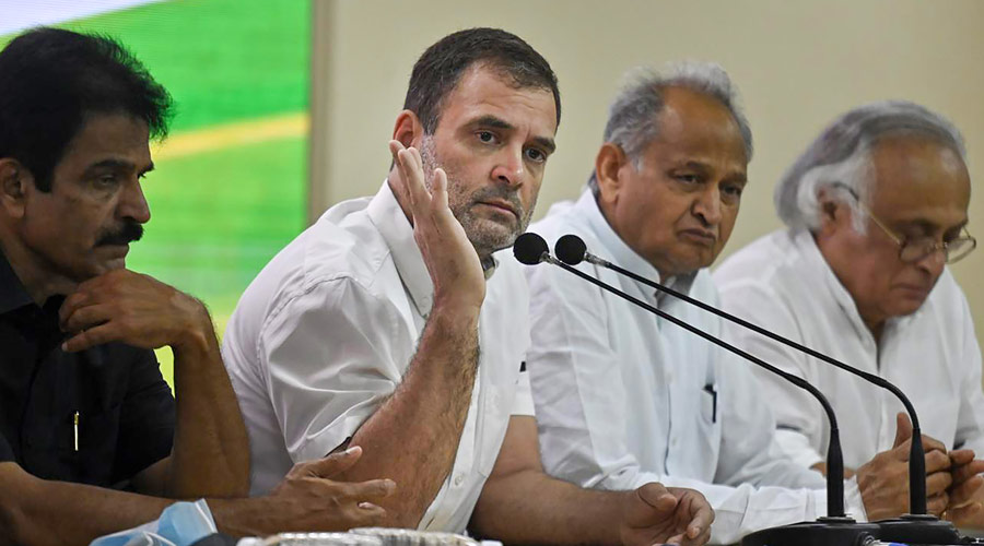 Congress leader Rahul Gandhi with party leaders K.C. Venugopal, Ashok Gehlot and Jairam Ramesh addresses a press conference at AICC headquarters, in New Delhi