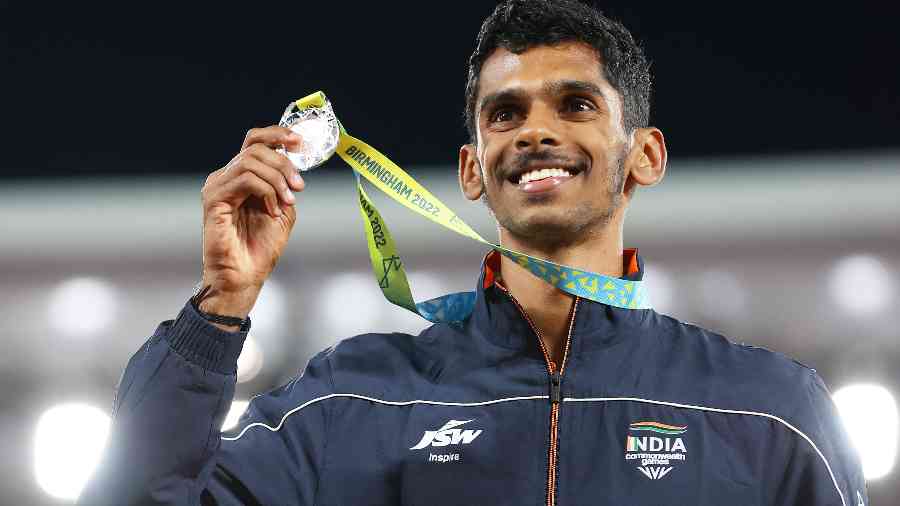 Murali Sreeshankar after winning the silver medal at the Commonwealth Games on Friday.