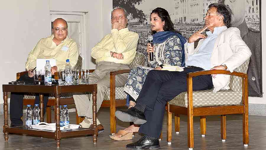 (From left) Sumantra Bose, Kapil Kak, lltija Mufti and Siddiq Wahid at the the Netaji Research Bureau on Friday. 