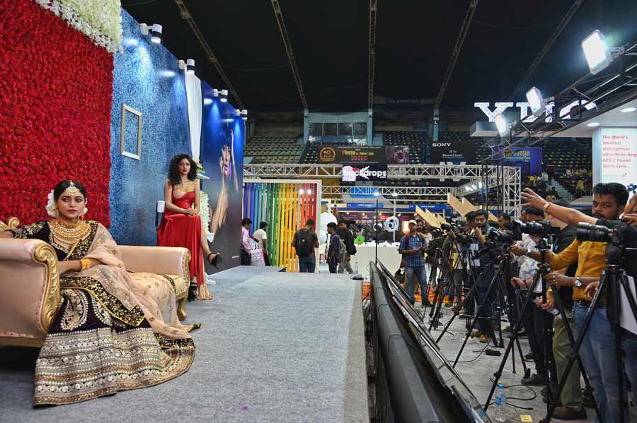 Models pose at the Image Craft Photo and Video Expo 2022. The expo, inaugurated at Netaji Indoor Stadium on Wednesday, will showcase an array of cameras and accessories till August 3, from 11am to 7pm.