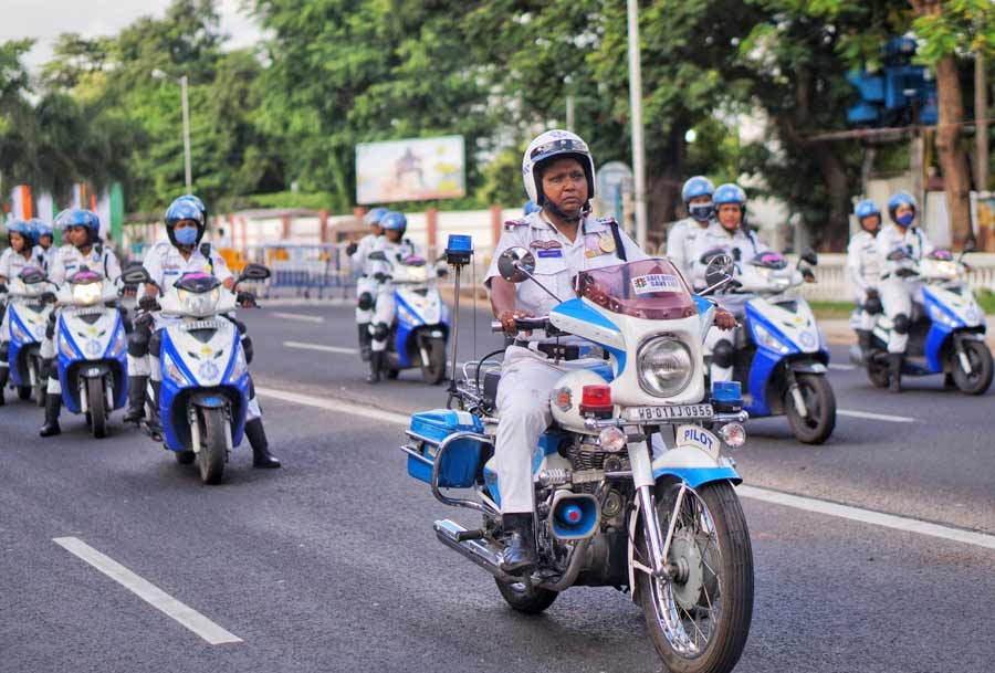 An all-women contingent of Kolkata police carry out Independence Day parade rehearsal on Red Road on Friday, August 5.