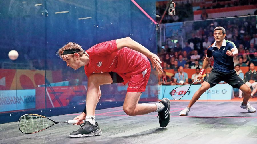 Saurav Ghosal of Team India (right) playing against James Willstrop of Team England in the Men’s Singles — Bronze Medal Match between India and England on day six of the Birmingham 2022 Commonwealth Games at University of Birmingham Hockey & Squash Centre 