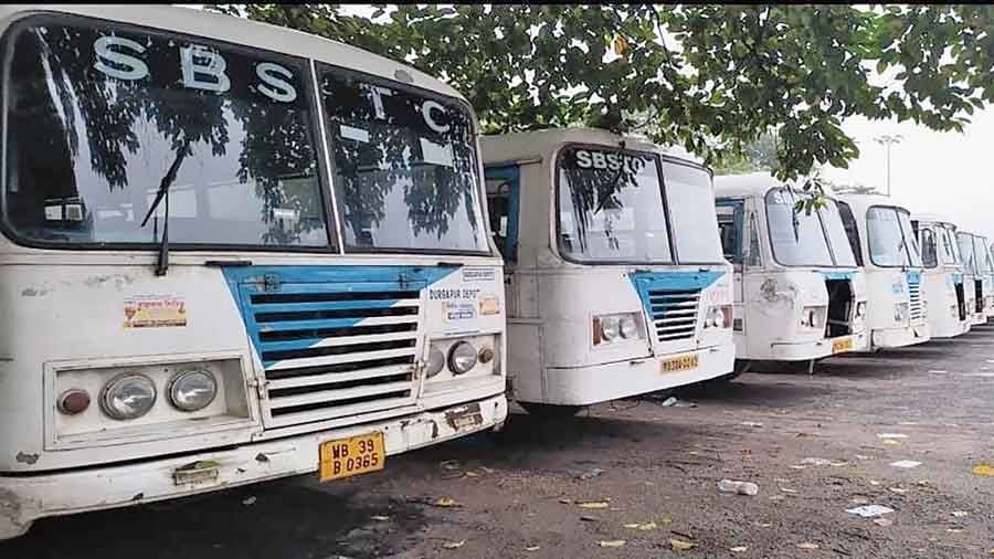 Buses parked at the Durgapur depot of the SBSTC. 