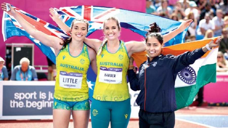 Annu Rani (right) celebrates with the Australian duo of Kelsey-Lee Barber (centre) and Mackenzie Little after the women’s javelin event