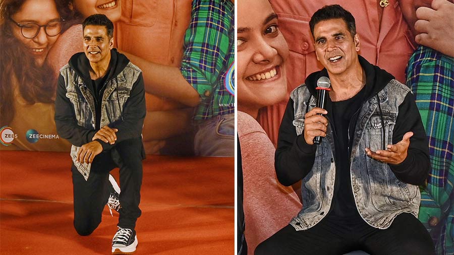 Akshay looked dapper in a black tracksuit and denim jacket; said that Raksha Bandhan is a comedy-drama jointly written by Himanshu Sharma and Kanika Dhillon. 