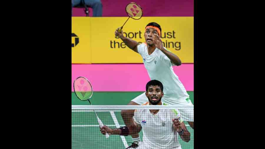 Satwiksairaj Rankireddy and Chirag Shetty play against Englands Ben Lane and Sean Vendy in the Mens Doubles Final Badminton match at the Commonwealth Games 2022