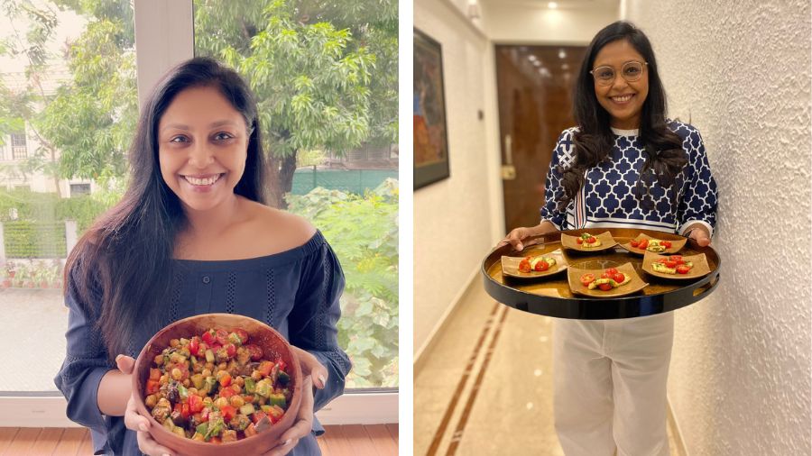 Pallavi Khaitan with her chickpea salad and with grilled halloumi