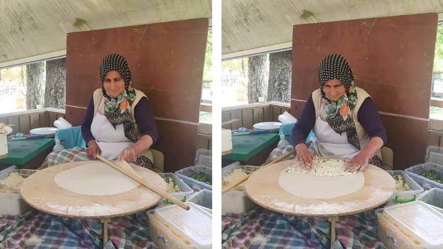Gözleme: This traditional stuffed pancake (think stuffed roti) is made with a simple dough of flour, salt and water and stuffed with cheese and spinach, or sometimes just potatoes or just cheese. In many tourist areas, like at the visitor’s area of the Manavgat Falls in Antalya, you will find Turkish aunties with their ‘gözleme’ stalls — few flourishes of the rolling pin and a few minutes on a large ‘tava’ and hot, pillowy, cheesy gözleme is served