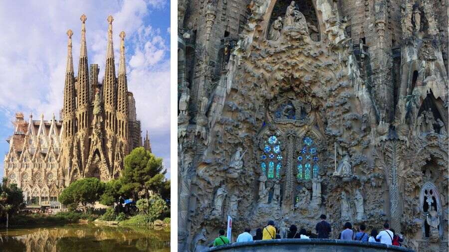 The facade of La Sagrada Família Basilica has Gothic elements and Gaudi’s unique brand of bizarre