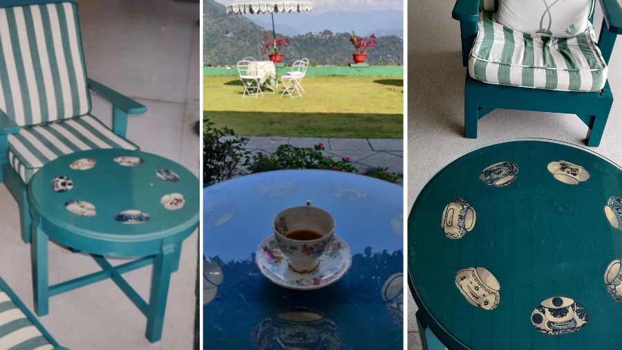 Brew with a view! The working tea estate produces some of the finest tea in the country. But that’s not the only thing that’s not changed. Here are pictures of one of Bronwyn's creations, a ‘tea table’ in the main verandah, photographed in (far left) 1997 and (far right) 2022, maintaining the look of a ‘planter’s bungalow’ with exact detailing