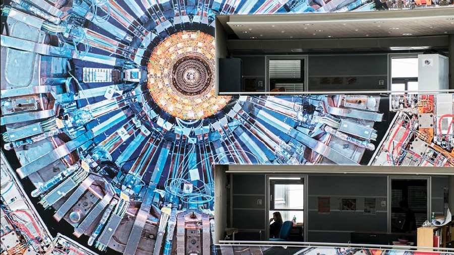When particles collide at the LHC, the resulting debris gets caught in detectors such as this one. This is a illustrating one of the LHC's detectors