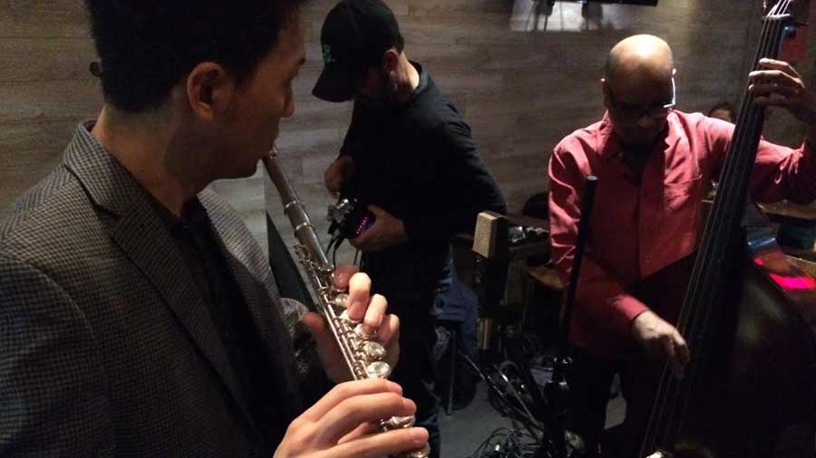 Bishu Chattopadhyay (on double bass) with his band at Nomad, New York City, 2019