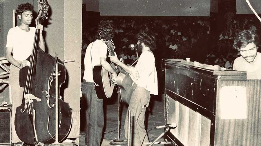 Bishu Chattopadhyay (on double bass) with Mohiner Ghoraguli at Rabindra Sadan, Kolkata, 1979 (Photograph by Tushar Kanti Dutta in the book, Mohiner Ghoragulir Gaan, published by Chhapakhanar Bhoot, March 2021)