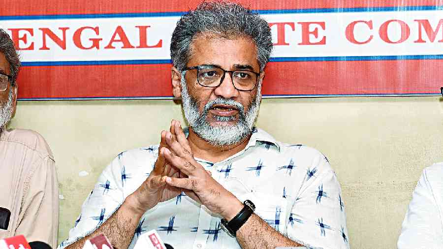 Dipankar Bhattacharya at the media conference in Calcutta on Wednesday. 