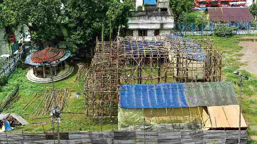 The Durga Puja pandal being constructed at Md Ali Park on Wednesday. 