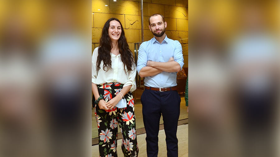 (L-R) Noémie Gicquelet and Adrien Blanchard from the consulate of France in Kolkata