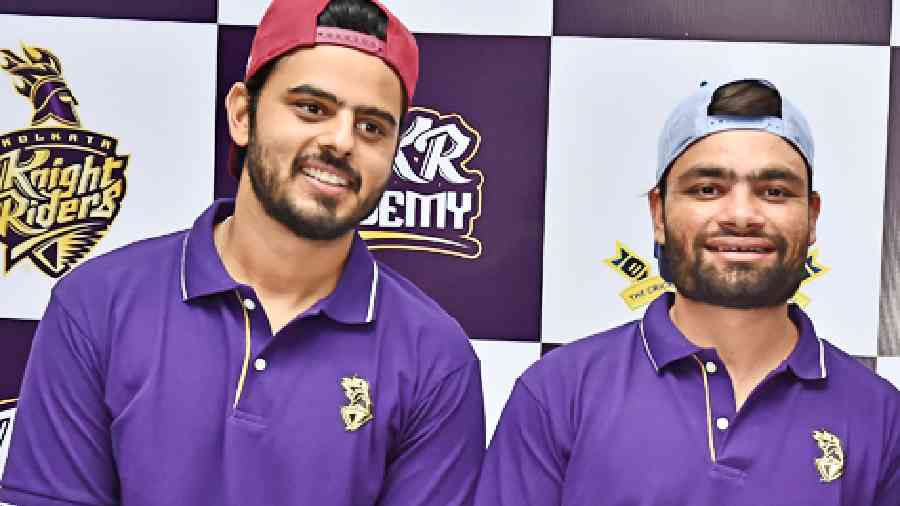 Rinku Singh (right) with KKR teammate Nitish Rana at Eden Gardens on Thursday. 