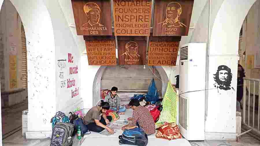A file picture of Presidency University students spending a night on the campus to protest the alleged delay in reopening Eden Hindu Hostel