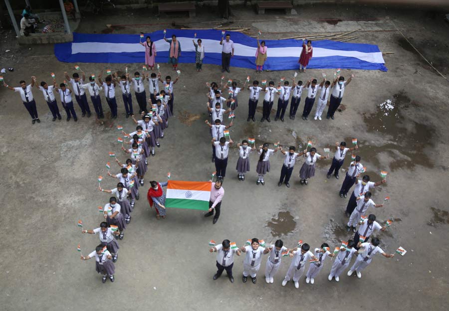 Students of Rammohan Mission School queue up to form the number 75 on Friday in the run-up to Independence Day celebrations. 