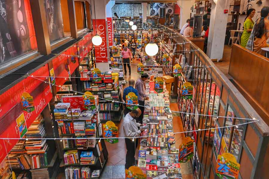 The Oxford Bookstore, on Park Street, wears a dazzling look with fairy lights on Friday, ahead of the 75th Independence Day on August 15.