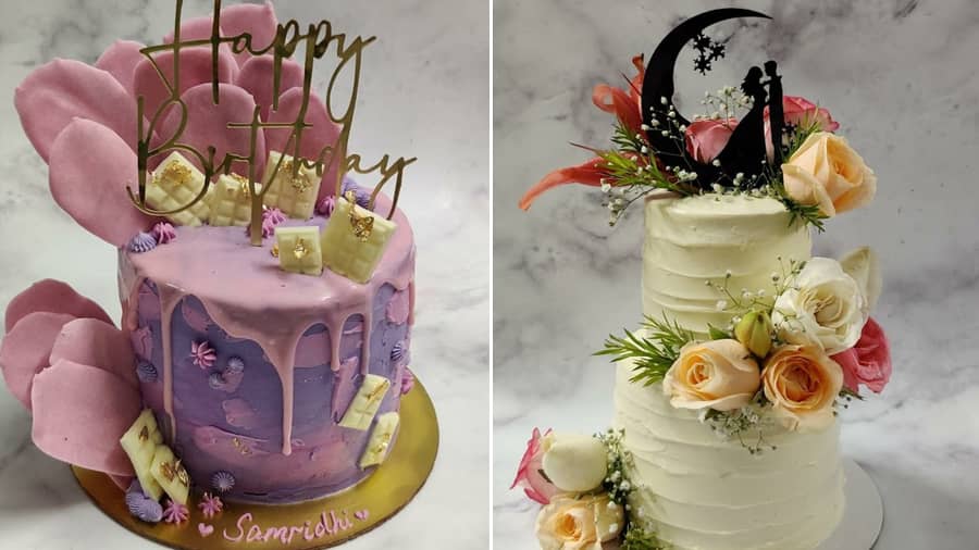 Custom buttercream with chocolate ganache cake and a two-tier wedding cake with fresh flowers