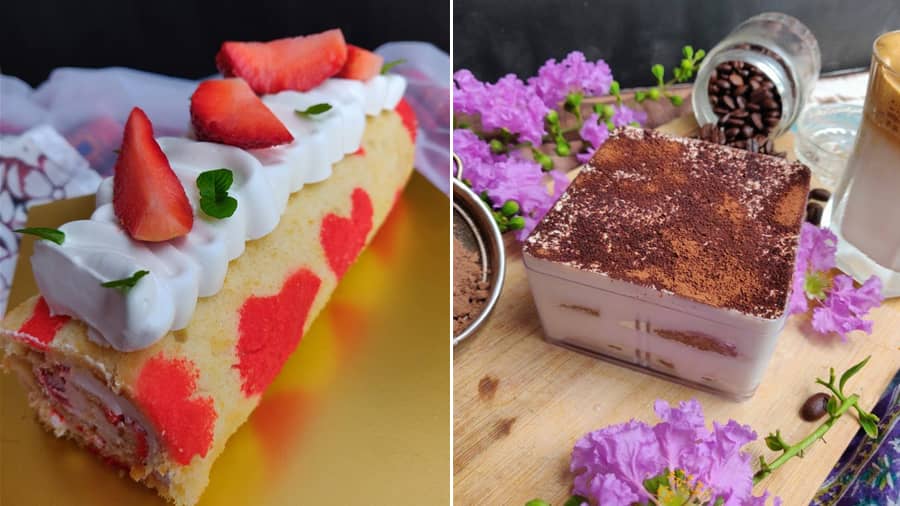 Vanilla strawberry Swiss roll and a classic tiramisu