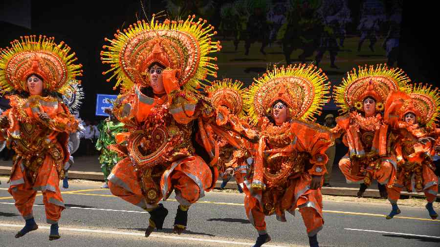 Artists perform chhau dance in Calcutta