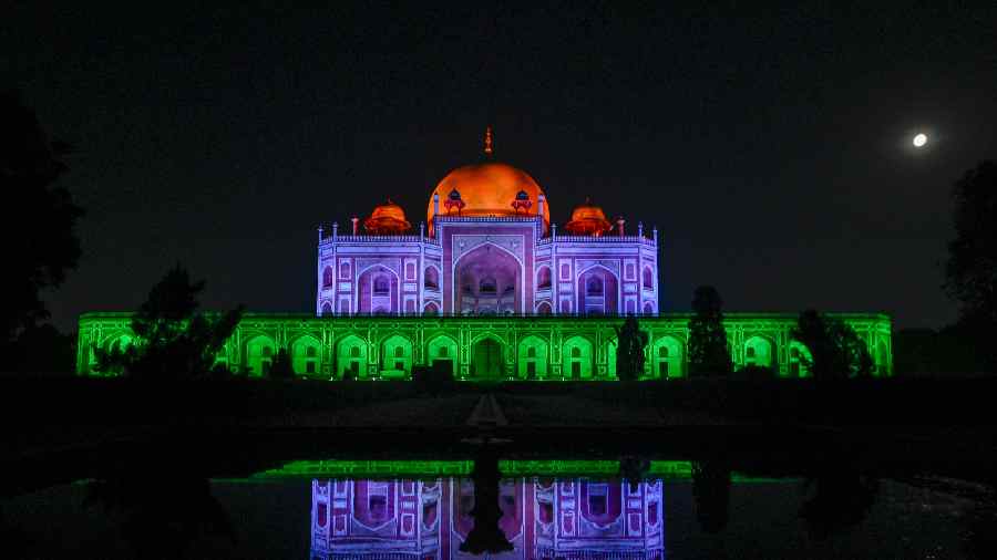 Humayun's Tomb illuminated in tricolour lights in New Delhi