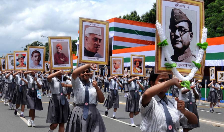Schoolchildren take part in the final Independence Day parade on Red Road on Saturday.