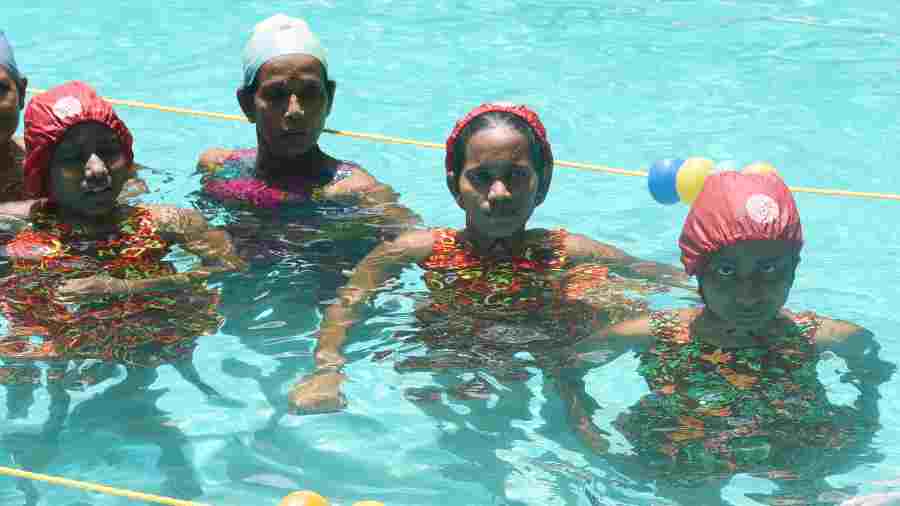 Participants in the 15th All Bengal Swimming Competition for the Sightless at ILSS on Saturday. 