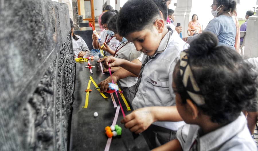 Schoolchildren at a rakhi-making workshop at the Indian Museum on Wednesday. The Indian Museum held the workshop in collaboration with Sanskar Bharati Paschimbanga, Autism Society West Bengal, Indus Valley World School and Momscares. 