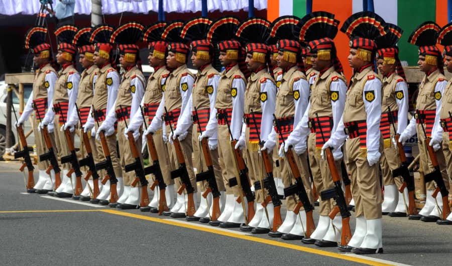 A regiment of Kolkata Armed Police at the final rehearsal for the Independence Day parade on Saturday, August 13. 