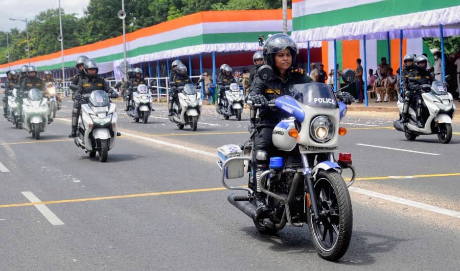 A contingent of West Bengal Police at the final Independence Day rehearsal on Red Road on Saturday, August 13. 