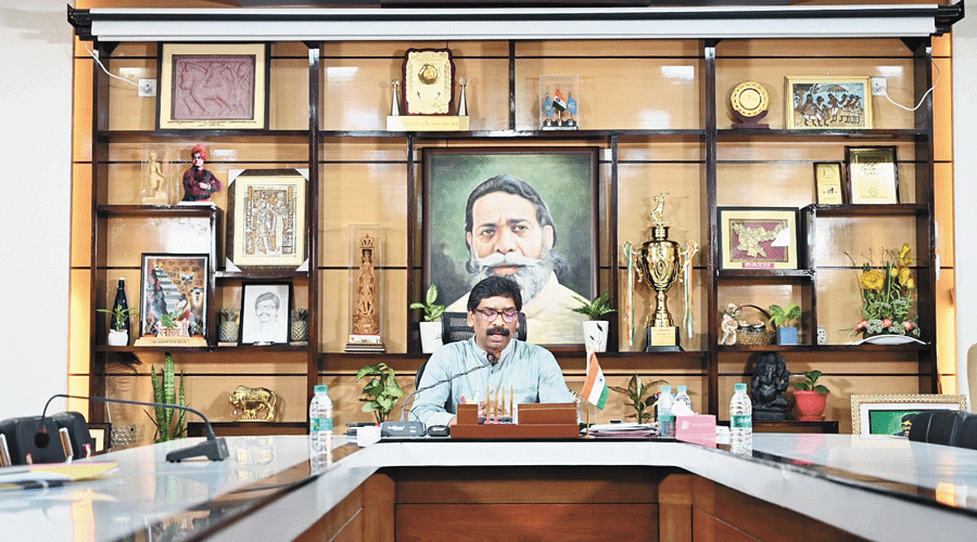Jharkhand chief minister Hemant Soren virtually addresses a gathering to observe the second foundation day of All India Santhal Bank Employees’ Society held in Jamshedpur from his Ranchi residence on Saturday.