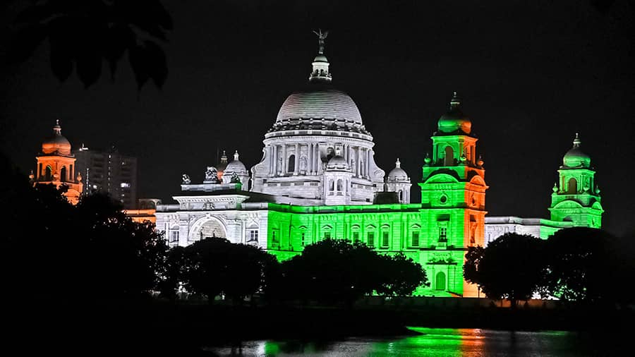 Victoria Memorial Hall decked out in the hues of the Tricolour on Sunday night