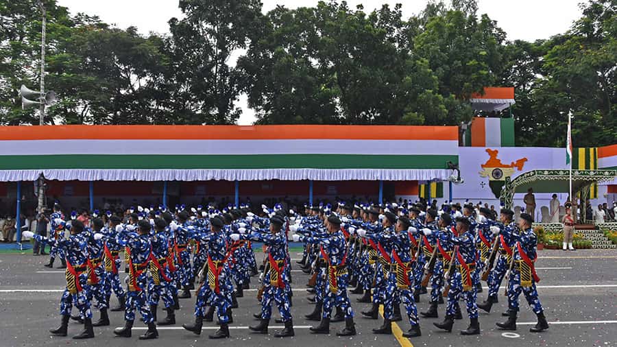 The Rapid Action Force (RAF), Kolkata Police, at the Independence Day parade on Red Road.