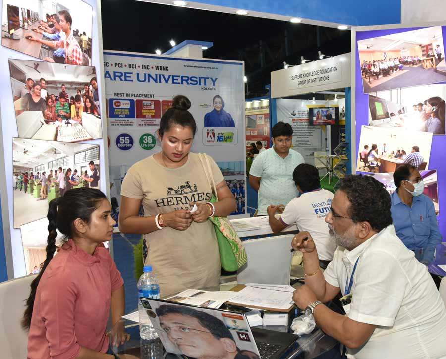 Visitors at a pre-counselling session organised by the Association of Professional Academic Institutions, West Bengal (APAI), at Netaji Indoor Stadium on Wednesday. The session for e-admission to engineering colleges was arranged after a two-year break due to the pandemic. The three-day session will continue till Friday.