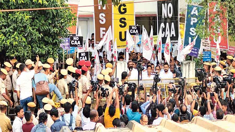 AASU members stage a protest against the CAA and other issues under the aegis of Neso at Swahid Nyas  in Guwahati on Wednesday.