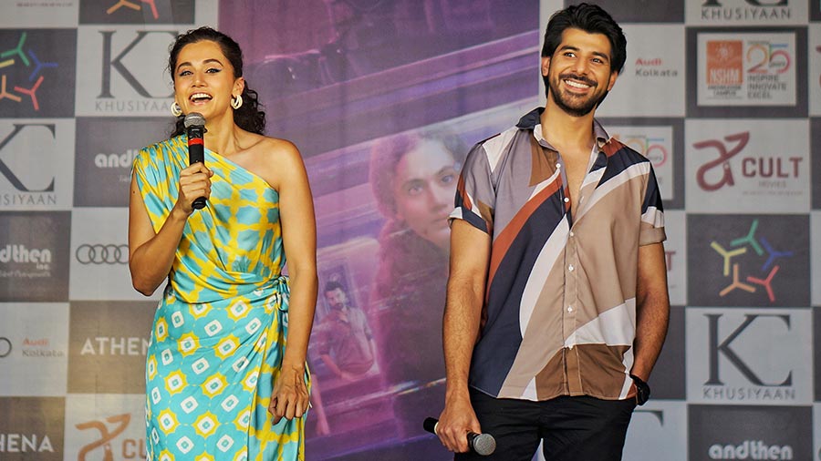 Actress Taapsee Pannu and actor Pavail Gulati promote their next film ‘Dobaaraa’, a mystery thriller, at NSHM Knowledge Campus in Behala on Thursday. The movie, which is directed by Anurag Kashyap, will hit theatres tomorrow.