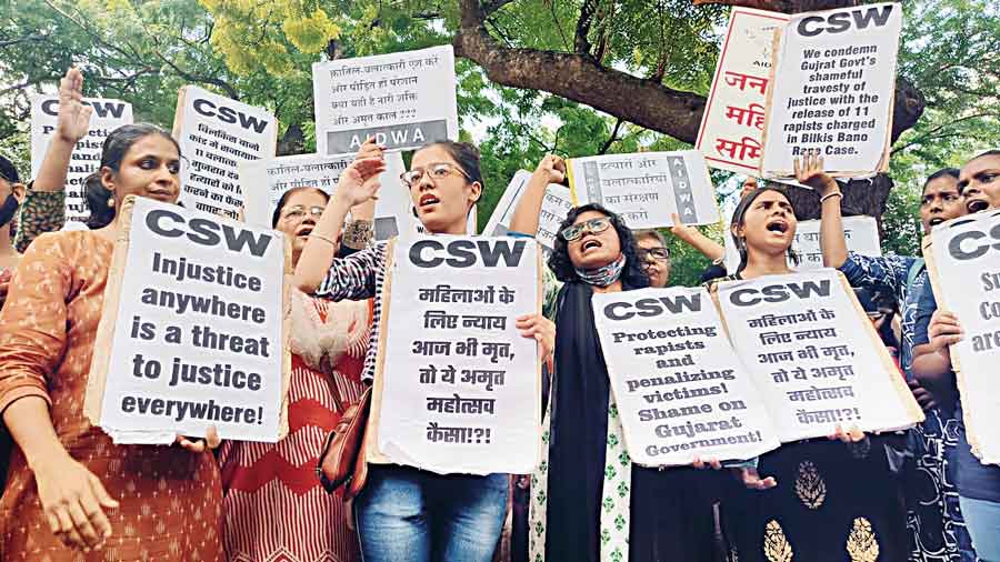 Women’s groups protest on Jantar Mantar Road on Thursday against the release of the  11 gang-rape and massacre convicts who were serving life sentences in the Bilkis Bano riots case of 2002. 