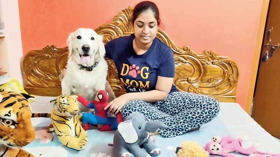 Sheero sits amidst his favourite stuffed toys with Sneha Maity  seated next to him